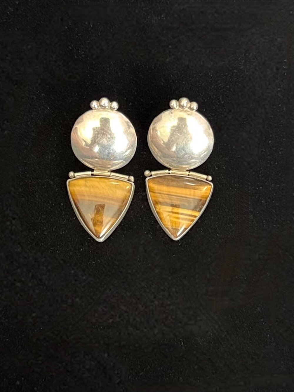 VINTAGE STERLING SILVER TIGER EYE STONES PIERCED EARRINGS